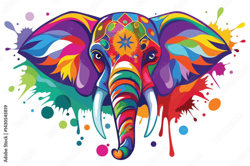 Obraz premium Colorful artistic elephant face colorful paint splatters on white background.
