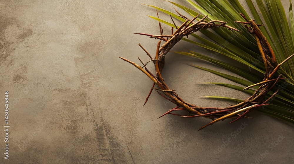 Fototapeta premium Crown of thorns and palm leaves symbolizing Christian Holy Week, representing Good Friday and Palm Sunday, faith and sacrifice concept on neutral background with copy space.