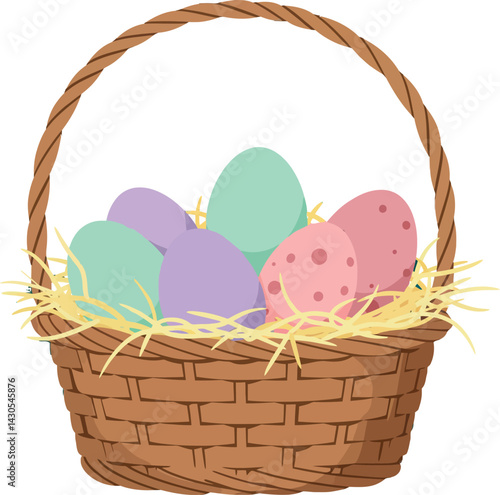 Easter basket with colorful pastel eggs and straw for spring celebration 