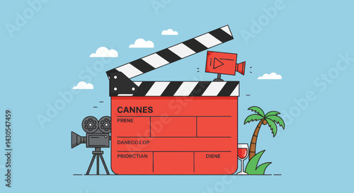 Cannes film festival concept illustration with clapperboard, palm tree, camera and wine glass against a blue sky