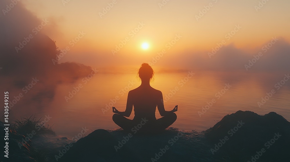 Serene woman meditating at sunrise by a tranquil water body, surrounded by mist. Serene woman meditating at sunrise by a tranquil water body, surrounded by mist.