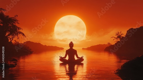Silhouette of a woman meditating at sunset by the water, surrounded by nature's tranquility.