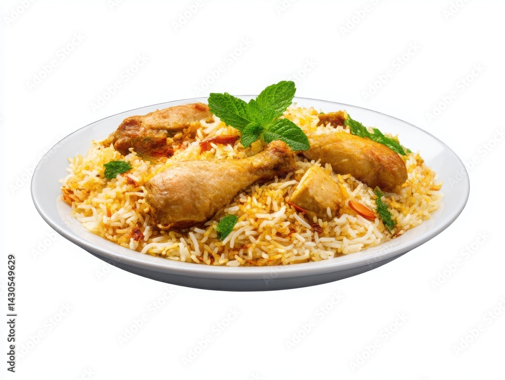 Chicken biryani garnished on plate isolated on white background Chicken biryani garnished on plate isolated on white background