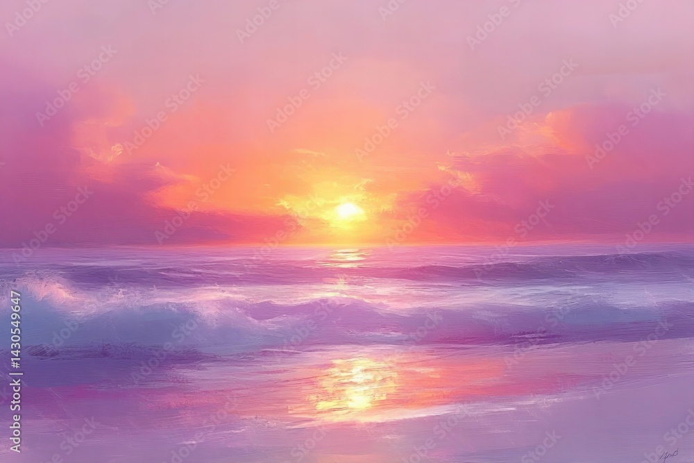 Fototapeta premium Dreamy Pastel Sunset: A tranquil scene as soft pinks, purples, and oranges blend in the sky at dusk