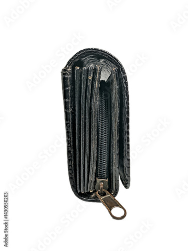 A black wallet or clutch with an embossed texture resembling crocodile or reptile skin, and a small zipper on the bottom left side. Isolated on a white background.