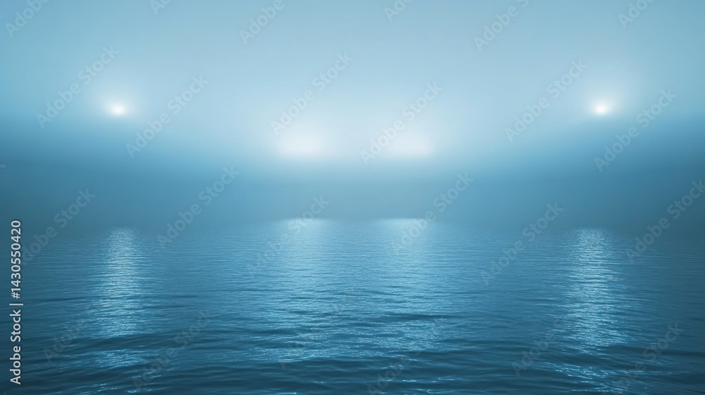 Obraz premium Misty ocean expanse illuminated by ethereal lights.