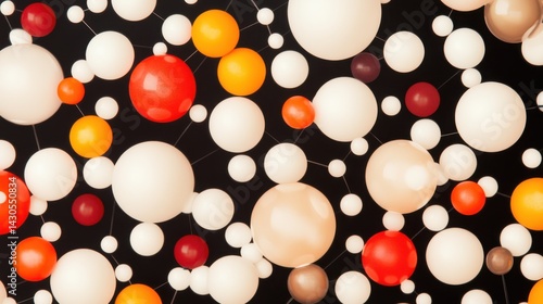 Abstract background featu a complex network of interconnected colorful spheres representing an atomic chain molecular structure with varying sizes and vibrant hues against a