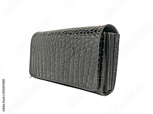 A black wallet or clutch with an embossed texture resembling crocodile or reptile skin, and a small zipper on the bottom left side. Isolated on a white background.