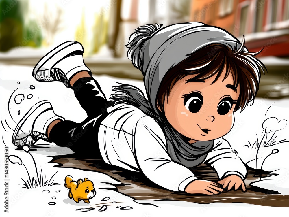 Child playing in snow urban environment cartoon illustration joyful scene creative perspective winter fun