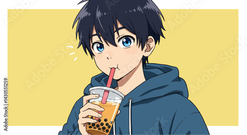 アニメの少年がタピオカティーを飲んでいる、背景は黄色で、コピースペースがあります。