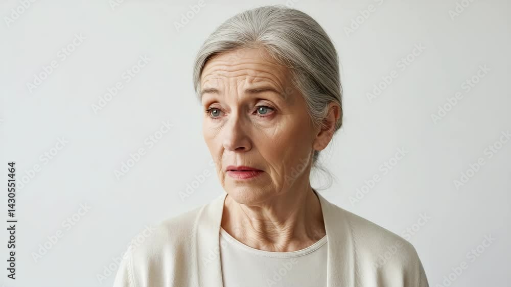 Portrait Of Senior Woman With Gray Hair And Visible Wrinkles Against A Plain White Backdrop Portrait Of Senior Woman With Gray Hair And Visible Wrinkles Against A Plain White Backdrop