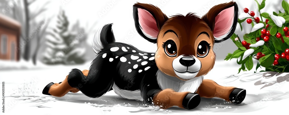 Playful fawn enjoys winter wonderland snowy landscape cute animal illustration whimsical environment adorable perspective