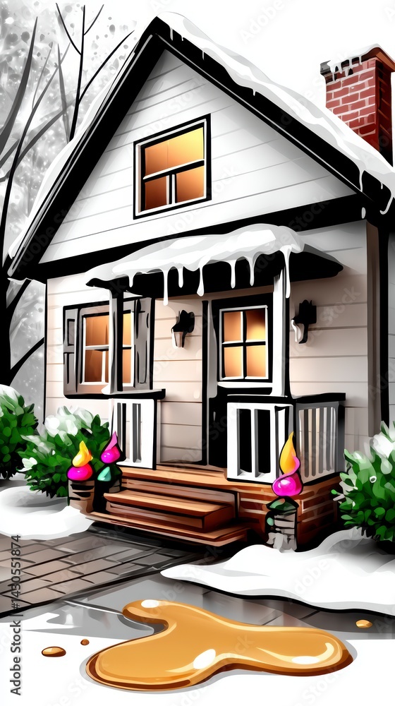 Winter home scene with melting snow and colorful decor residential area digital art cozy atmosphere front view seasonal transition