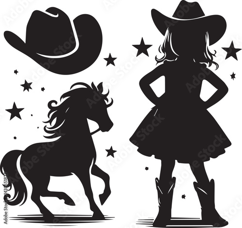 little girl cowboy silhouette vector, little girl cowboy  logo vector illustration