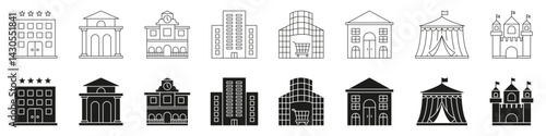 Hotel, Bank, Town Hall, Office, Mall, House, Tent, Castle Line And Solid Icon Set. Building Structures And Architectural Styles Symbol Collection. Urban Spaces. Isolated Vector Illustration