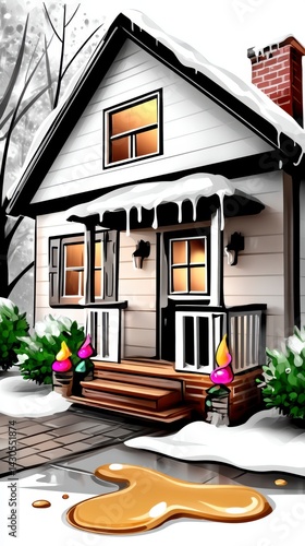 Winter home scene with melting snow and colorful decor residential area digital art cozy atmosphere front view seasonal transition
