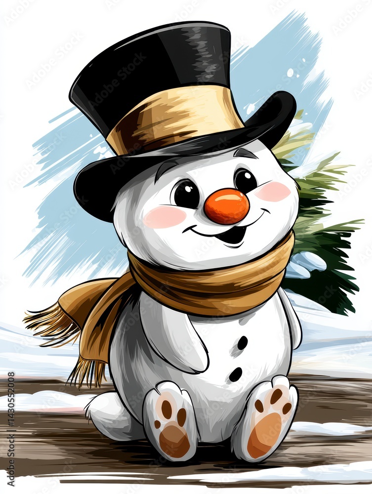 Cheerful snowman embracing winter joy outdoor scene illustration snowy landscape playful perspective