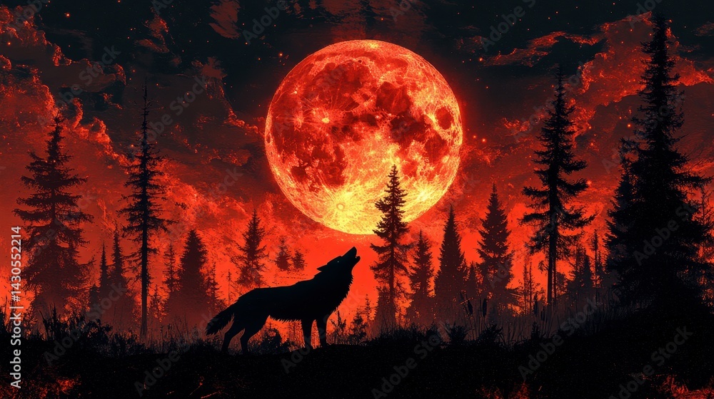 Fototapeta premium A silhouetted wolf howls under a vivid red full moon amidst dark forest trees.