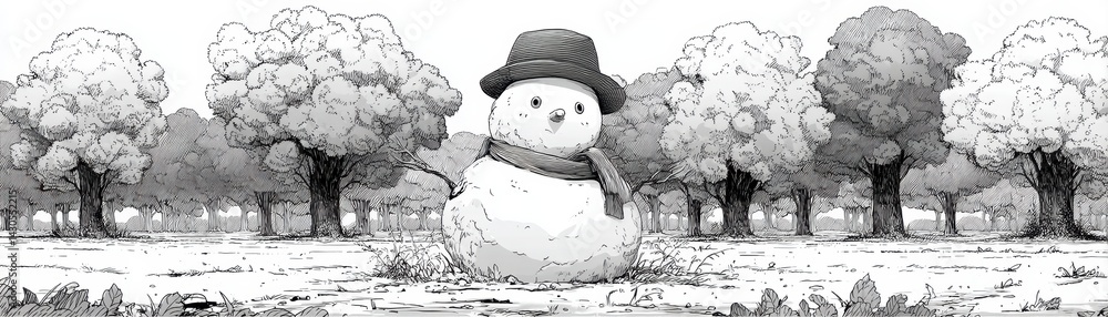 Winter wonderland scene featuring a snowman in a forest setting digital illustration serene atmosphere aerial view