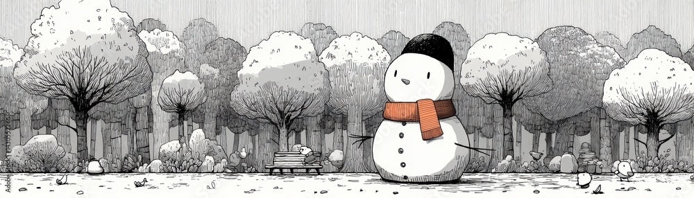 Snowman building adventure in a winter forest illustration whimsical serene playful concept