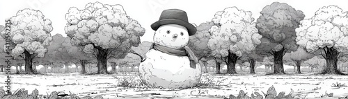 Obraz na płótnie Winter wonderland scene featuring a snowman in a forest setting digital illustration serene atmosphere aerial view w salonie