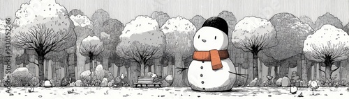 Obraz na płótnie Snowman building adventure in a winter forest illustration whimsical serene playful concept w salonie