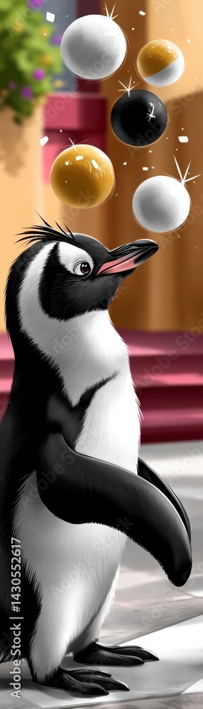 Penguin juggling colorful balls indoor setting animated scene playful environment close-up view fun concept