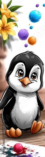 Playful penguin with colorful bubbles cute art scene indoor creative environment whimsical viewpoint