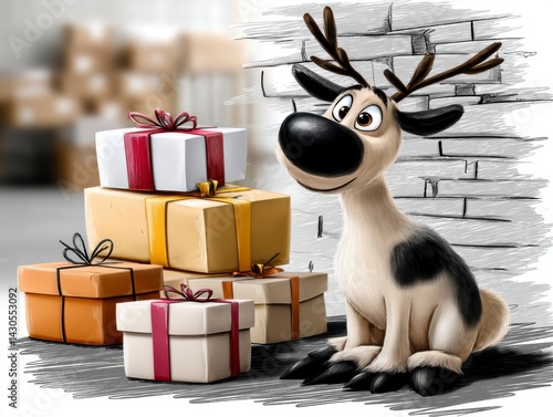 Obraz na płótnie Festive cartoon reindeer with gift boxes cozy indoor setting digital artwork playful vibes whimsical atmosphere w salonie