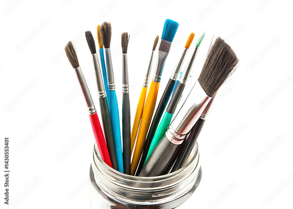 A Colorful Array of Brushes Resting in a Glass Jar Against a Clean White Background PNG A Colorful Array of Brushes Resting in a Glass Jar Against a Clean White Background PNG
