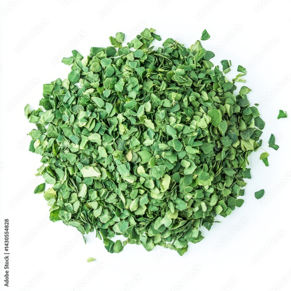 Obraz premium Close up pile of dried moringa leaves on a white background view isoleted on white background