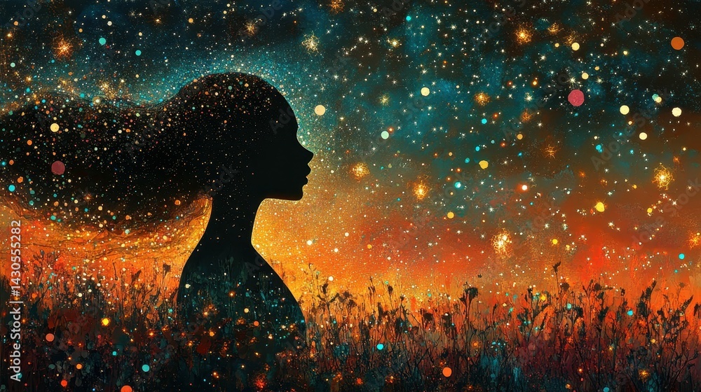 Fototapeta premium Silhouette of a woman with flowing hair against a vibrant starry night.