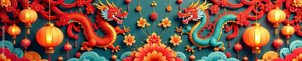 Obraz premium Bright and colorful chinese paper-cut style pattern with dragons and lanterns, dragons, culture, seamless