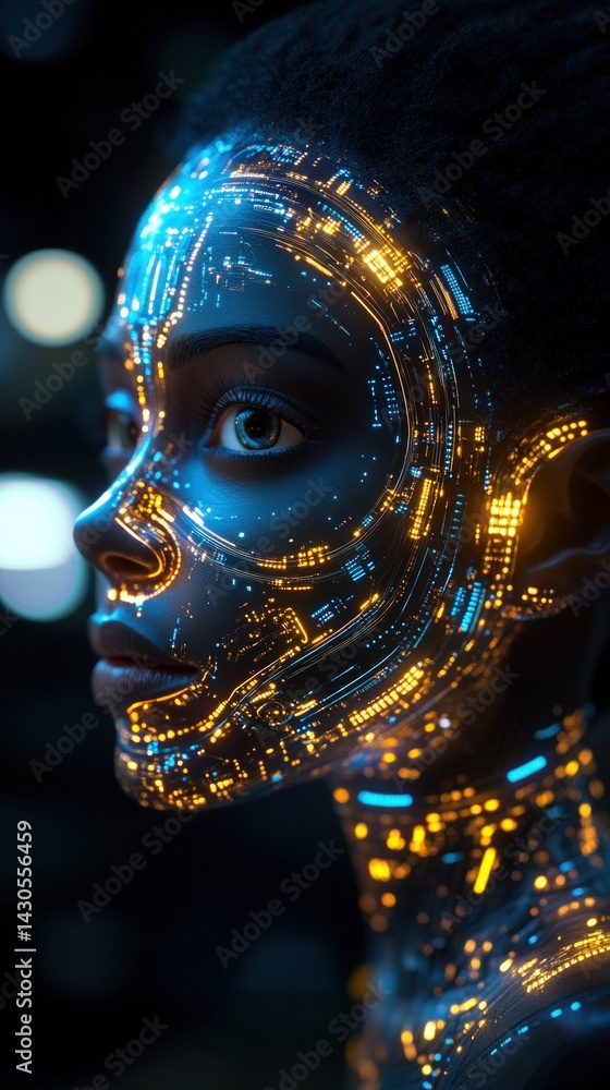 Cybernetic woman, glowing face art Cybernetic woman, glowing face art