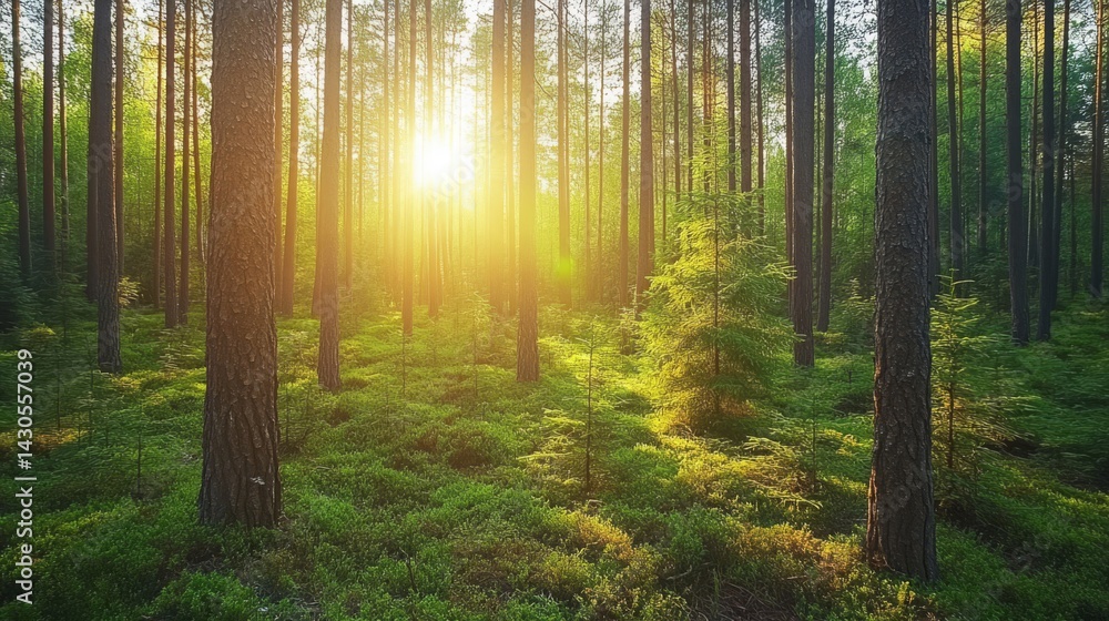 Obraz premium Golden Hour Sunlight in Lush Green Forest