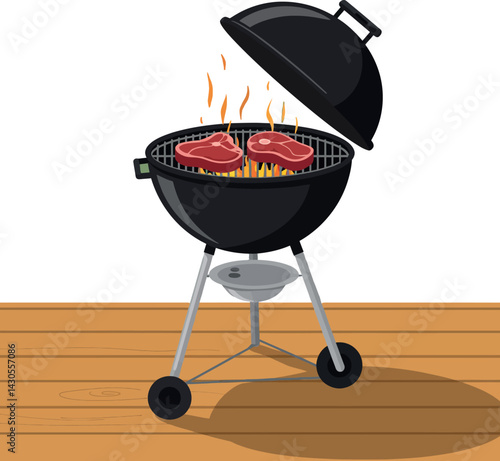 Charcoal grill with two steaks cooking on wooden deck outdoor barbecue vector illustration 