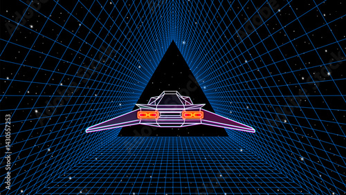 Arcade space ship flying through the triangular gate, 80s style synthwave or retrowave illustration