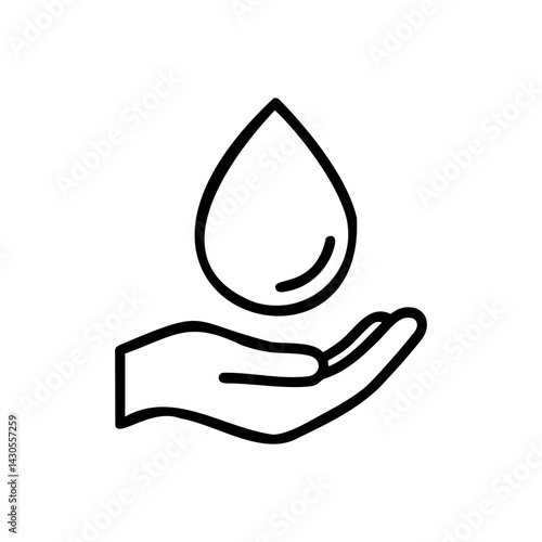 Minimal black line icon of a hand catching a water droplet, symbolizing water conservation, sustainability, and responsible environmental care.