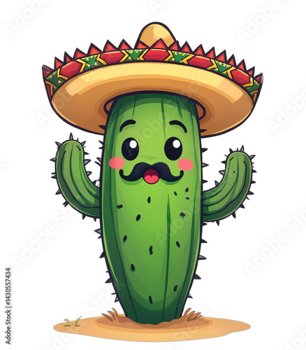 Cinco de Mayo cactus mariachi illustration. Cheerful cartoon character with sombrero. Use for greeting cards, posters, party invitations, and festive designs. Isolated on transparent background.