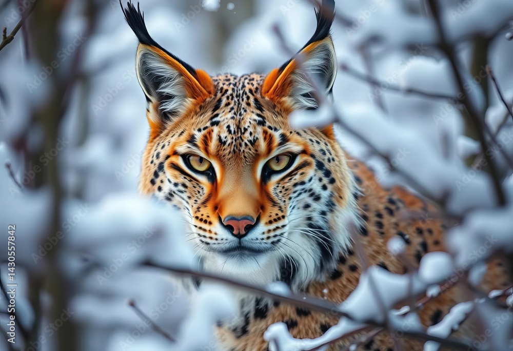 Obraz premium Camouflaged lynx, eyes peering from snow-laden branches, forest, eyes