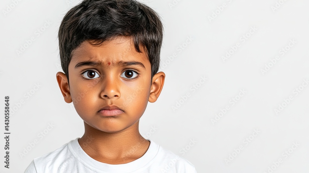 Young Indian boy looking frustrated, furrowed brows and tense lips, clean white space Young Indian boy looking frustrated, furrowed brows and tense lips, clean white space