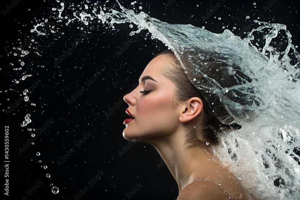 Obraz premium Woman's Face Emerging from Water Splash Against Dark Background