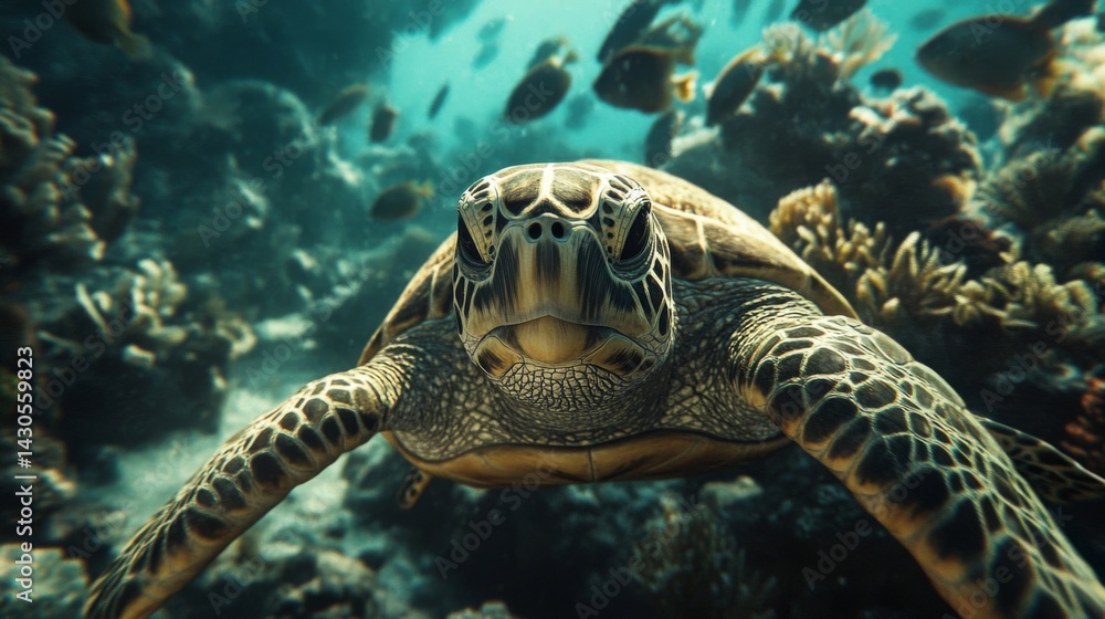 Fototapeta premium Sea Turtle in Vibrant Coral Reef Underwater