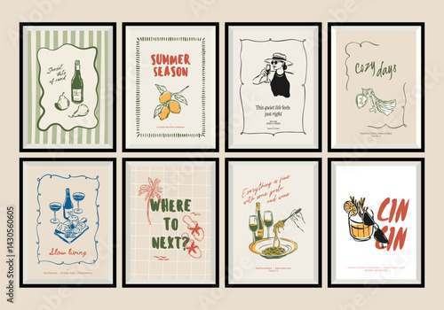 Sketch-style travel art print poster collection. Matisse style art.