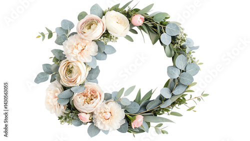 Fototapeta Naklejka Na Ścianę i Meble -  modern clipart style wreath featuring soft pastel peonies, eucalyptus leaves, and delicate flowers, creating serene and elegant decoration for various occasions
