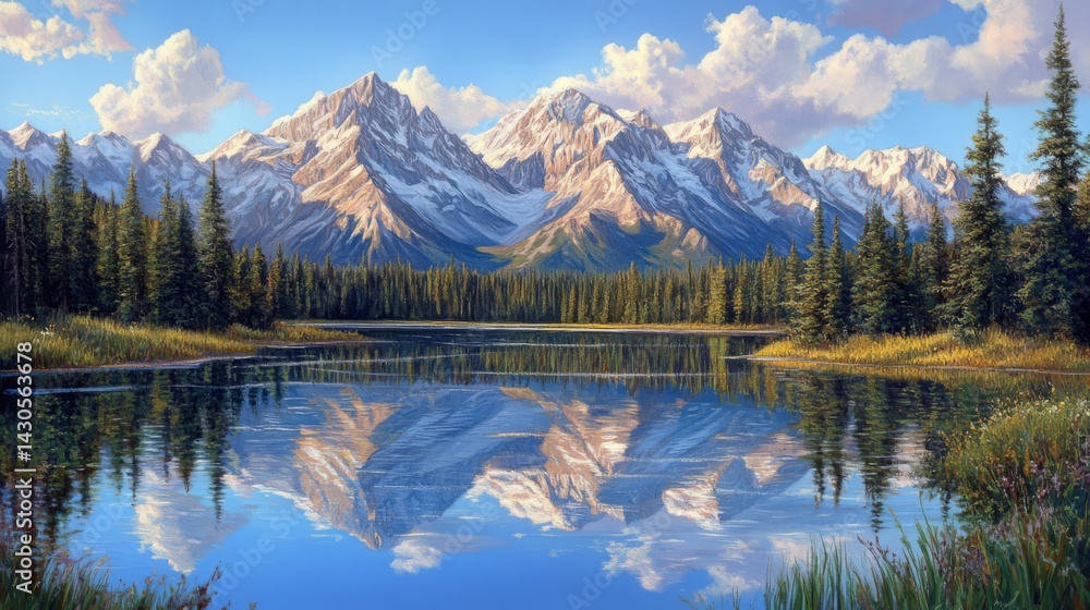 Majestic Snowcapped Mountain Range Reflected in Serene Lake Majestic Snowcapped Mountain Range Reflected in Serene Lake