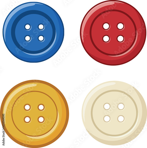 Colorful sewing buttons in blue red yellow and cream vector illustration set 