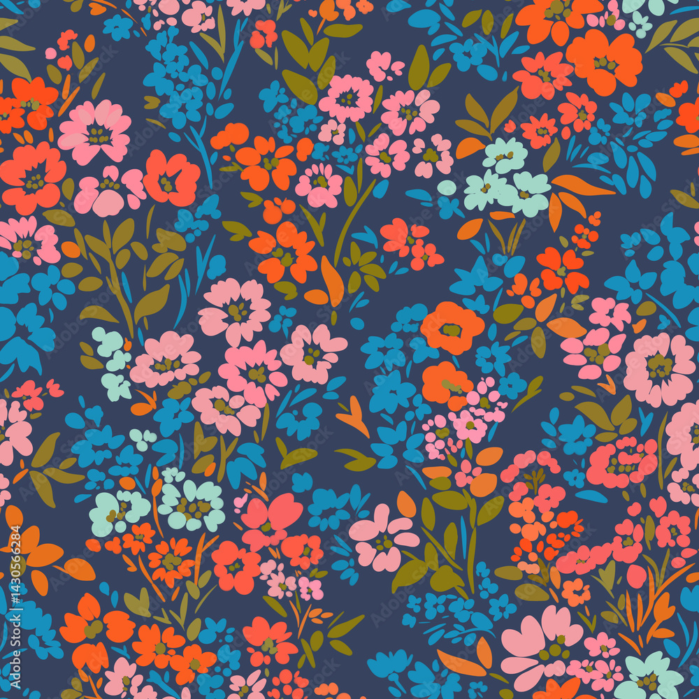 Obraz premium Seamless floral pattern with colorful hand-drawn flowers and leaves on a white background. Bright and vibrant design perfect for textiles, wallpapers, wrapping paper.