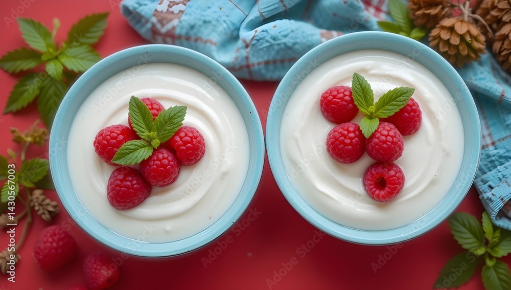Two bowls of creamy white yogurt topped with fresh raspberries and mint leaves, set against a vibrant red background. A visual celebration of freshness and healthy living. Two bowls of creamy white yogurt topped with fresh raspberries and mint leaves, set against a vibrant red background. A visual celebration of freshness and healthy living.