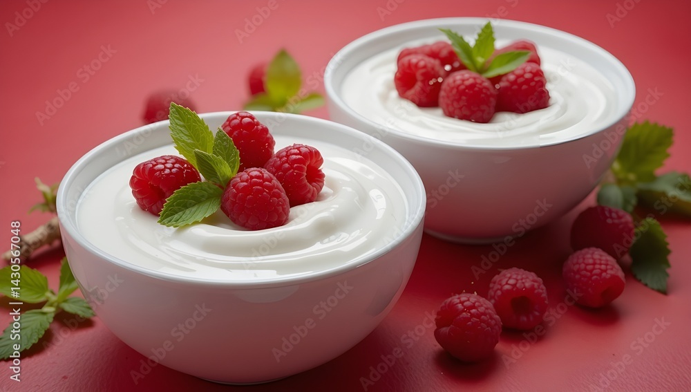 Two bowls of creamy white yogurt topped with fresh raspberries and mint leaves, set against a vibrant red background. A visual celebration of freshness and healthy living. Two bowls of creamy white yogurt topped with fresh raspberries and mint leaves, set against a vibrant red background. A visual celebration of freshness and healthy living.